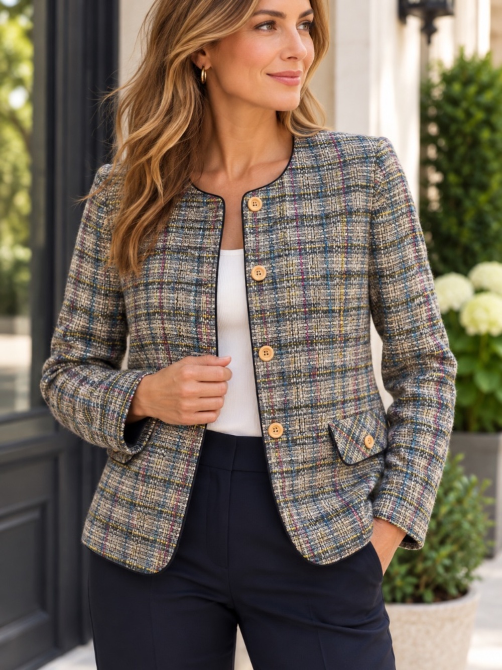 Kanzo Collection Women’s Size 15 Wool Blend Tweed Plaid Jacket Blazer Multicolor